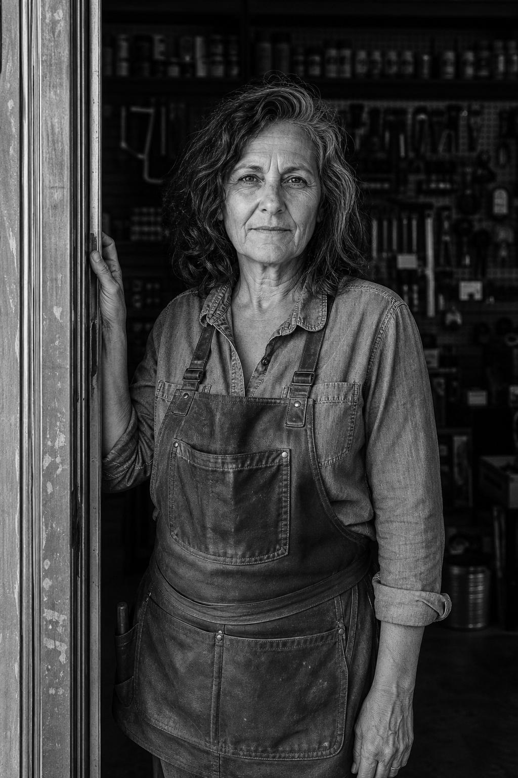 Independent hardware store owner standing in the doorway of her shop.
